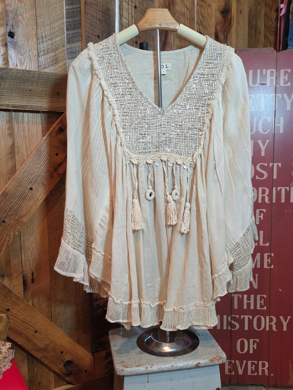 221p POL Cream Crochet Tassel Boho Tunic Top